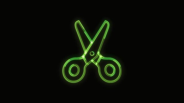 Scissors Icon Neon Seamless Loop 4K with Black Background Animated Promotional Typography for Video Editing