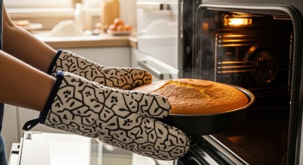 Baking Bliss Woman Carefully Removes Golden Cake from Oven with Mitts