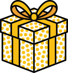 Yellow gift box with white polka dots and orange bow present vector illustration EPS file download.

