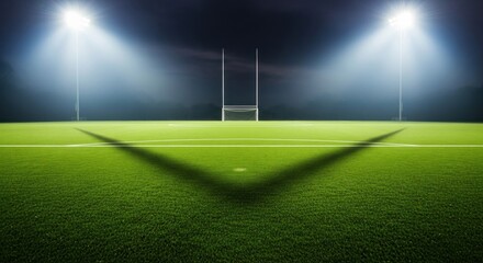 Rugby field at night with floodlights creating long shadows across the pristine green grass
