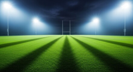 A floodlit rugby field at night, showcasing the goalposts and shadows.
