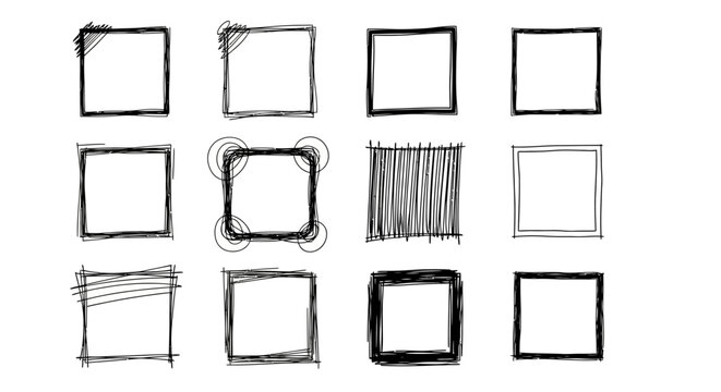 A diverse collection of hand-drawn square frames and borders, offering unique and artistic graphic elements for creative design projects and digital presentations