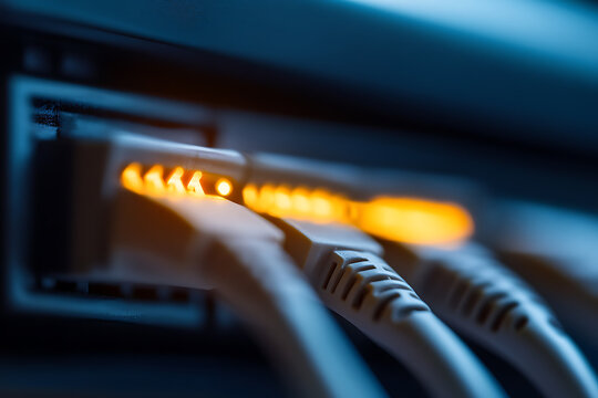Network cables plugged into a switch with lit ports, showcasing connectivity and data transmission in a modern technology setup. Highlighting infrastructure and data flow.
