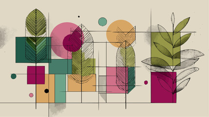 Minimal geometric composition with leaves and shapes in green and beige palette, perfect for eco branding, packaging, backgrounds, and natural product promotion