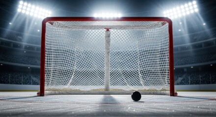 Hockey puck sits on the ice rink in front of a goal net under bright stadium lights.