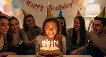 A young woman blowing out candles on a birthday cake surrounded by friends.