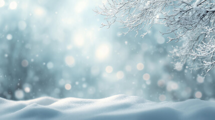 Bright Winter Background with Snow, Frosted Branches and Bokeh Lights