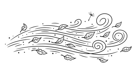 Fototapeta premium Dynamic monochrome illustration of autumn wind, depicting a powerful gust scattering swirling leaves and dust, symbolizing natural seasonal movement