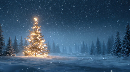 Magical Winter Night Scene with Glowing Christmas Tree in Snow-Covered Forest
