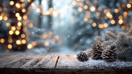 Festive Winter Holiday Background with Snow-Covered Wooden Table, Pine Cones, and Bokeh Lights