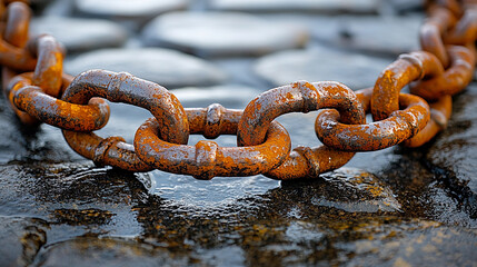 Close-up view of a rusty chain resting on wet stones Generative AI