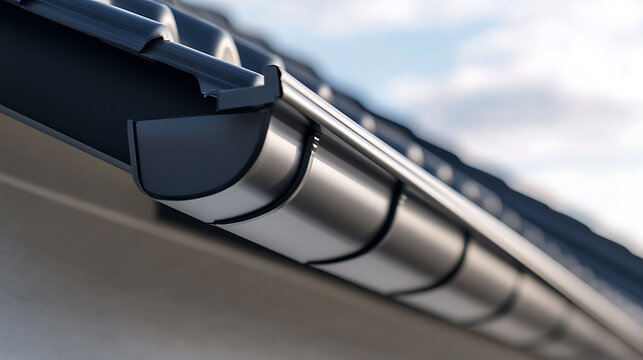 Modern seamless rain gutter system ensuring efficient water drainage. Durable and sleek design complementing residential architecture. Protection against water damage.