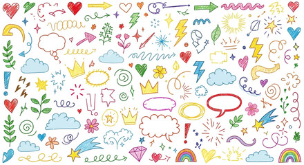 Colorful hand-drawn doodle elements collection for creative design. Features playful arrows, hearts, stars, clouds, speech bubbles, and whimsical decorative shapes