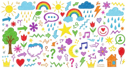 Vibrant Collection of Hand-Drawn Doodle Icons and Whimsical Sketch Elements, Featuring Colorful Suns, Clouds, Hearts, Stars, Arrows, and Rainbows for Playful Designs