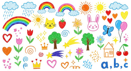 Vibrant collection of playful, hand-drawn crayon doodles featuring rainbows, suns, clouds, hearts, flowers, animals, and charming elements, perfect for children's designs and creative projects