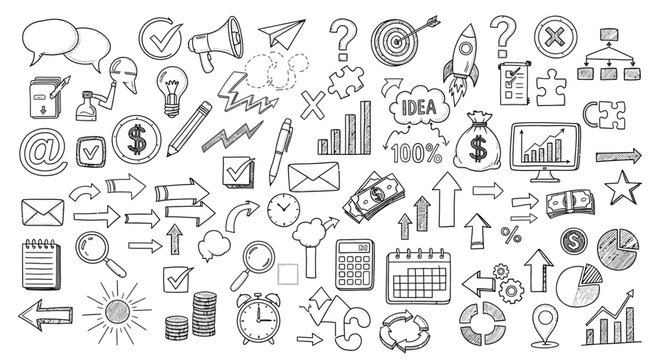 Extensive hand-drawn business doodle icon set. Covers communication, finance, technology, analytics, and idea generation for modern design and marketing projects