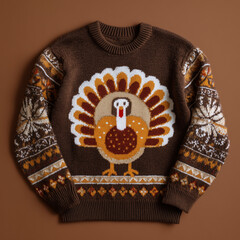 Ugly Thanksgiving  sweater with turkey, isolated on brown background.. Turkey day season, funny, ugliest thanks giving  or fall sweater ever made. Tacky sweater with turkey.