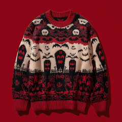 Ugly Halloween sweater with bats, coffins, tombstones - isolated on red background. October season, funny, ugliest halloween or fall sweater ever made. Tacky sweater with vampire theme.