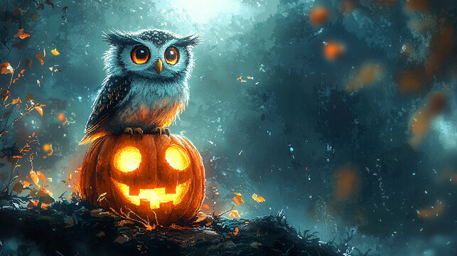 Pixel art owl perched on glowing jack-o-lantern at night Generative AI