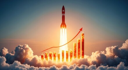 Dynamic concept of a vibrant business rocket launching into the future, symbolizing rapid growth, startup success, market expansion, and strategic ambition amidst rising financial charts