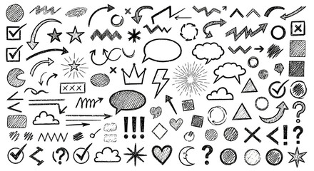 Creative hand-drawn doodle graphic elements collection arrows, stars, speech bubbles, checkmarks, and sketchy shapes for expressive design projects