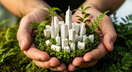 Hands gently holding a miniature city model nestled in moss and greenery, symbolizing sustainable urban development and environmental care.