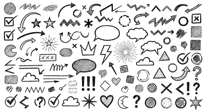 Creative hand-drawn doodle graphic elements collection arrows, stars, speech bubbles, checkmarks, and sketchy shapes for expressive design projects