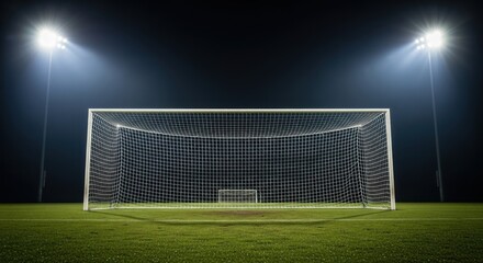 Empty soccer goal on a green field illuminated by stadium lights against a dark background.
