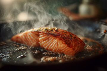 Bratender Lachs mit Gewürzen und Dampf in der Pfanne