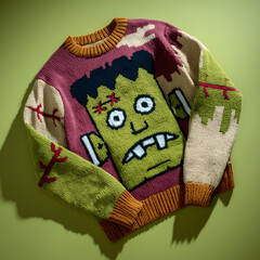 traditional ugly Frankenstein sweater for Halloween, isolated on background. October theme party, undead, horrible sweater competition.