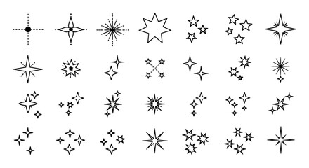 Set of Elegant Outline Sparkle and Star Icons Diverse Collection of Shimmering Effects, Twinkling Lights, and Glimmering Star Shapes for Graphic Design Elements and UI Applications