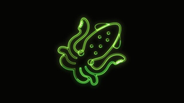 Squid Icon Neon Seamless Loop 4K with Black Background Animated Promotional Typography for Video Editing