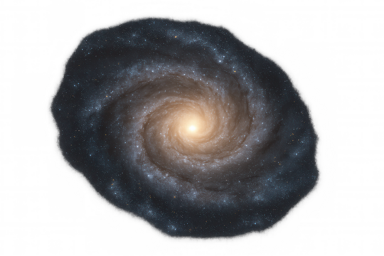 Spiral galaxy with a bright core, showing stars and nebulae in the universe on a transparent background