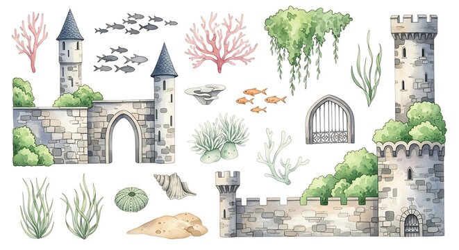 Watercolor underwater castle with coral reef and seaweed isolated on white background hand drawn illustration