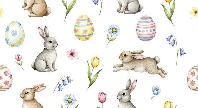 Watercolor easter seamless pattern with bunnies, eggs, tulips and bluebells isolated on white background
