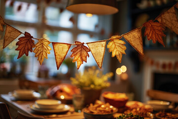 Close-up of fall leaf garland over a blurred Thanksgiving dinner table with warm lights and bokeh. Ideal for banners, ads,, seasonal design, festive home decor concepts. holiday meal