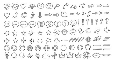 Diverse set of hand-drawn doodle outline icons. Includes arrows, hearts, speech bubbles, stars, and decorative elements. Perfect for creative design projects and playful user interfaces