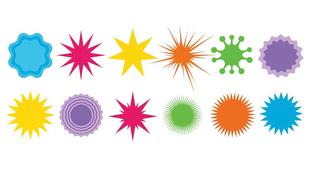 Vibrant set of graphic starbursts, splatters, and decorative badge shapes. Colorful dynamic vector elements for promotions, sales, special offers, and eye-catching visual communications