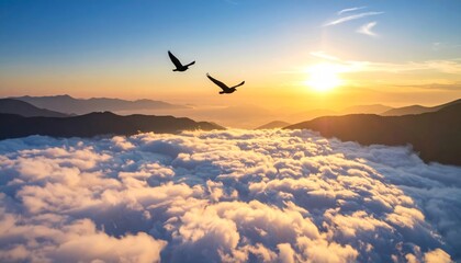 Obraz premium Two Birds Flying over a Vibrant Sea of Clouds at Sunrise