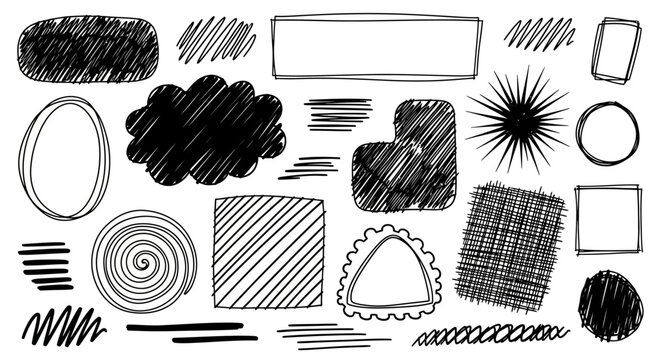 Collection of diverse hand-drawn scribble and crosshatch graphic elements, abstract doodle shapes for creative design projects and artistic textures