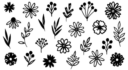 Elegant assortment of black outline hand-drawn flowers, leaves, and berry branches, ideal for whimsical and natural-inspired design decorations