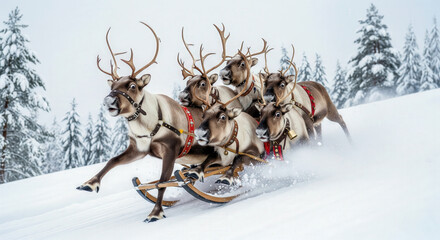 Funny and lively winter scene full of motion, excitement, and holiday spirit of a team of reindeer races down a snowy hill on a sled