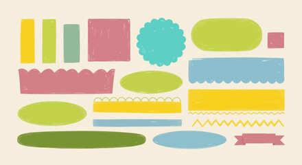 Whimsical collection of delightful, hand-drawn textured vector shapes and graphic elements, featuring pastel labels, banners, and frames perfect for artistic designs