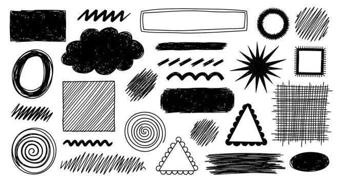 A versatile collection of hand-drawn scribble shapes, abstract graphic elements, and doodle textures in black and white, perfect for design projects and creative overlays with a unique, artistic touch
