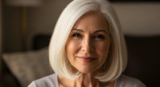 Portrait of a confident and serene senior woman with stylish gray hair, embodying graceful aging and self-care - Powered by Adobe