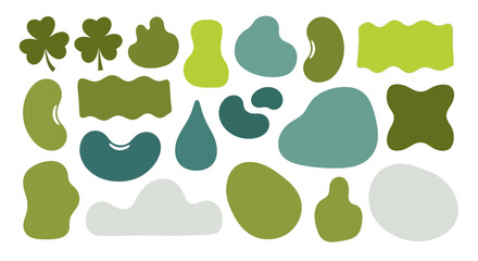 Set of natural green and blue-green organic abstract shapes. Features stylized leaves, beans, and irregular blobs, ideal for graphic design, backgrounds, and decorative patterns