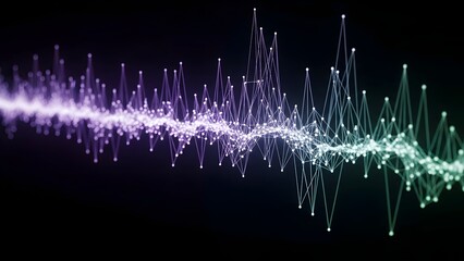 Black geometric shapes interconnected by blue light beams contrast with vibrant, 3D waveform graphs representing data flow and digital signals.