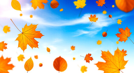 Colorful autumn leaves in shades of orange, yellow, and red floating against a vivid blue sky with scattered clouds, evoking fall season.