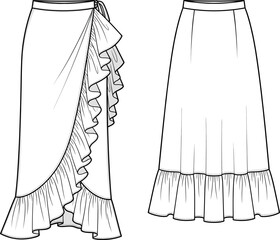 fashion illustration, women skirt design, wrap skirt, ruffle hem, high low style, a line skirt, garment template, technical drawing, apparel sketch, clothing design, couture fashion, sewing pattern,