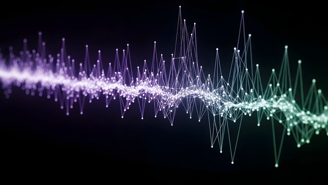 Black geometric shapes interconnected by blue light beams contrast with vibrant, 3D waveform graphs representing data flow and digital signals.